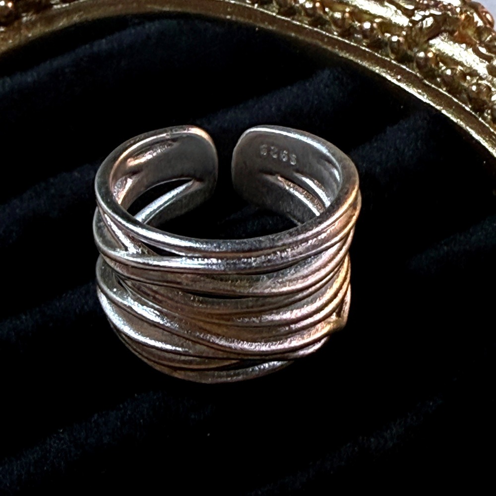 925‎ Sterling Silver Multi Strand Wrap Ring SZ 6 Adjustable Crossover Band Boho